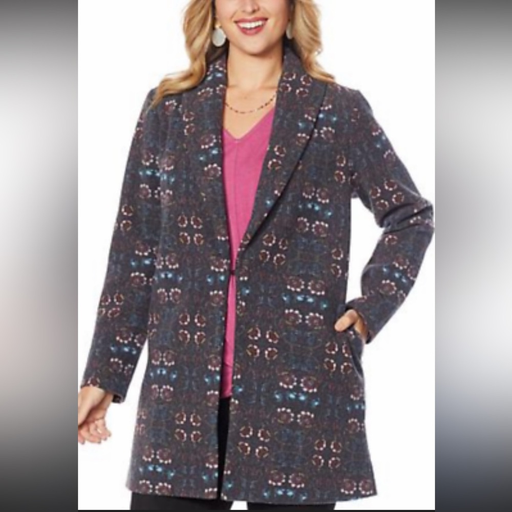 Colleen Lopez Floral Collar Pocket Jacket Small Gray Blue